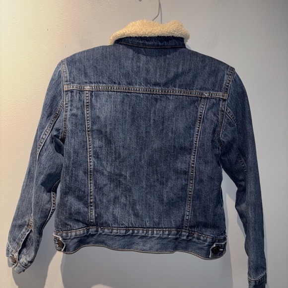 Gap Blue Denim Sherpa Lined Kids Large Button Up 4 Pocket Trucker Jacket - Picture 2 of 10